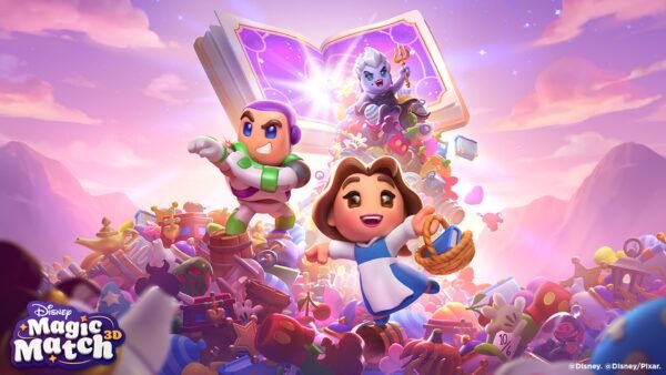 Les personnages animés Buzz l'éclair, Belle et Ursula apparaissent dans une scène fantaisiste d'Univers Disney Pixar remplie d'objets colorés, tandis qu'un livre magique brille en arrière-plan, vous invitant à une aventure dans un jeu de puzzle.