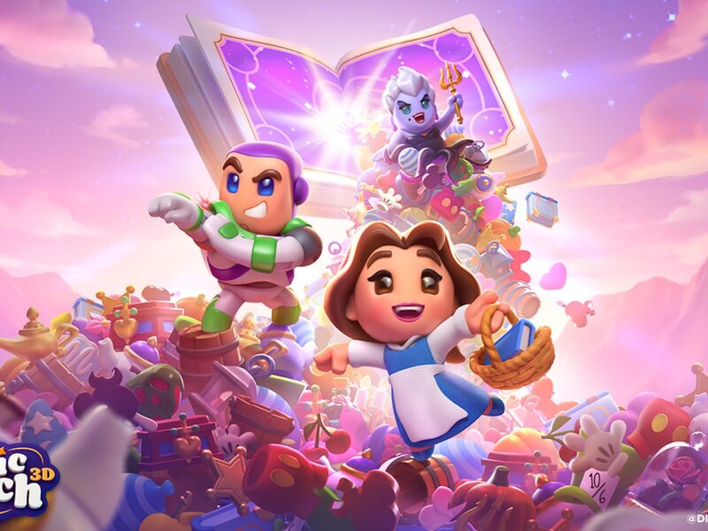 Les personnages animés Buzz l'éclair, Belle et Ursula apparaissent dans une scène fantaisiste d'Univers Disney Pixar remplie d'objets colorés, tandis qu'un livre magique brille en arrière-plan, vous invitant à une aventure dans un jeu de puzzle.
