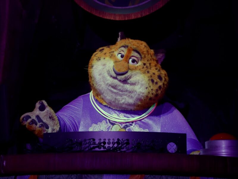 Un personnage costumé ressemblant à Clawhauser de Zootopia, portant une chemise violette et des colliers lumineux, se tient derrière une console dans un décor faiblement éclairé d'Animal Kingdom.