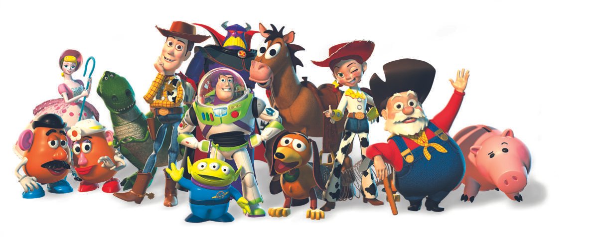 Groupe de personnages principaux animés de Toy Story, dont Woody, Buzz l'Éclair, Jessie et d'autres, se tenant ensemble sur un fond blanc.
