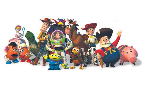 Groupe de personnages principaux animés de Toy Story, dont Woody, Buzz l'Éclair, Jessie et d'autres, se tenant ensemble sur un fond blanc.