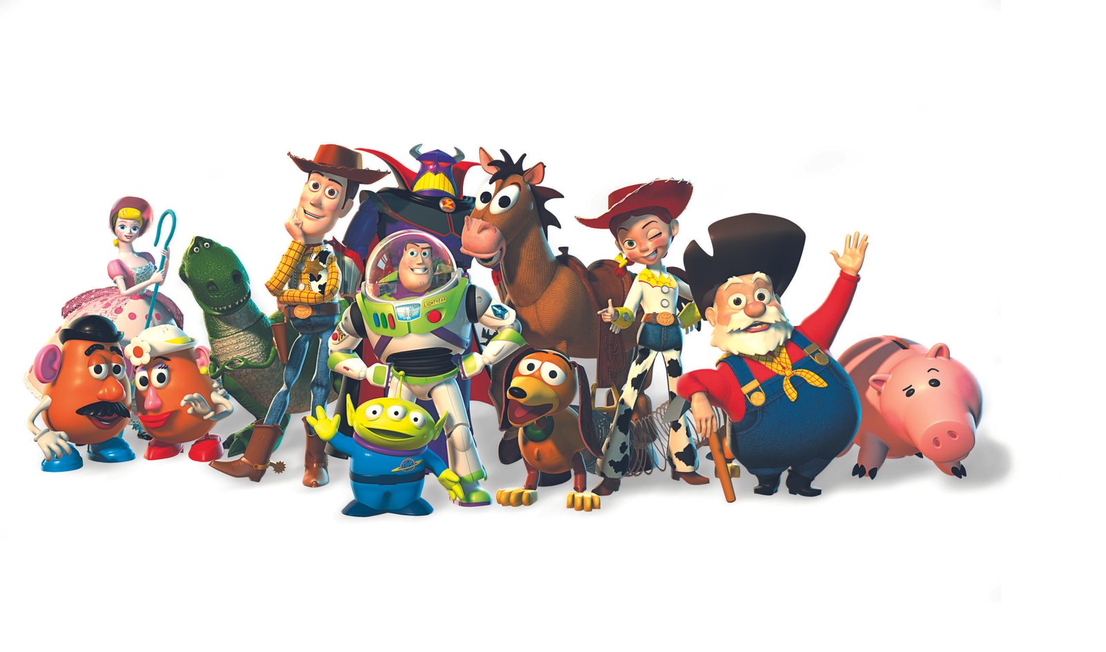 Groupe de personnages principaux animés de Toy Story, dont Woody, Buzz l'Éclair, Jessie et d'autres, se tenant ensemble sur un fond blanc.