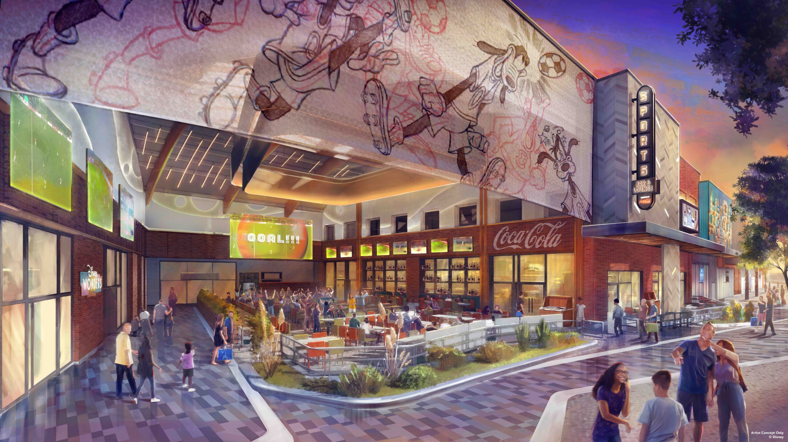Un espace de restauration en plein air animé à Disney Village avec des personnes assises à des tables, de grands écrans de sport et une fresque de personnages de dessins animés au-dessus du bâtiment - parfait pour profiter de l'atmosphère vibrante de ce Sports Bar & Lounge près de Disneyland Paris.
