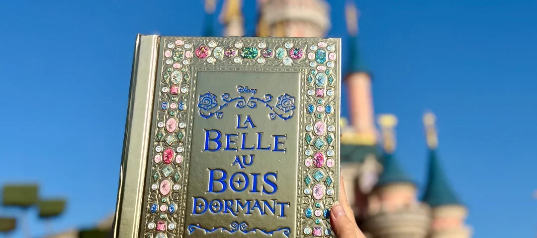 Une personne brandit Le Grimoire De La Belle Au Bois Dormant, une Édition Limitée de Hachette Jeunesse Disney, devant un château de conte de fées rose sous un ciel bleu clair.