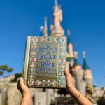 Une personne brandit Le Grimoire De La Belle Au Bois Dormant, une Édition Limitée de Hachette Jeunesse Disney, devant un château de conte de fées rose sous un ciel bleu clair.