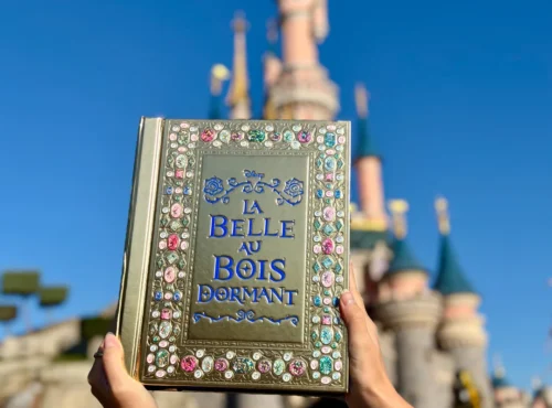 Une personne brandit Le Grimoire De La Belle Au Bois Dormant, une Édition Limitée de Hachette Jeunesse Disney, devant un château de conte de fées rose sous un ciel bleu clair.