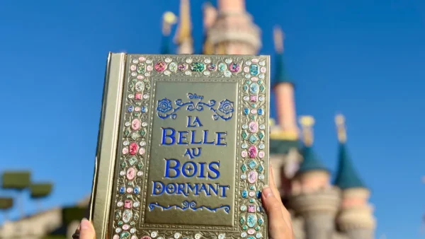 Une personne brandit Le Grimoire De La Belle Au Bois Dormant, une Édition Limitée de Hachette Jeunesse Disney, devant un château de conte de fées rose sous un ciel bleu clair.