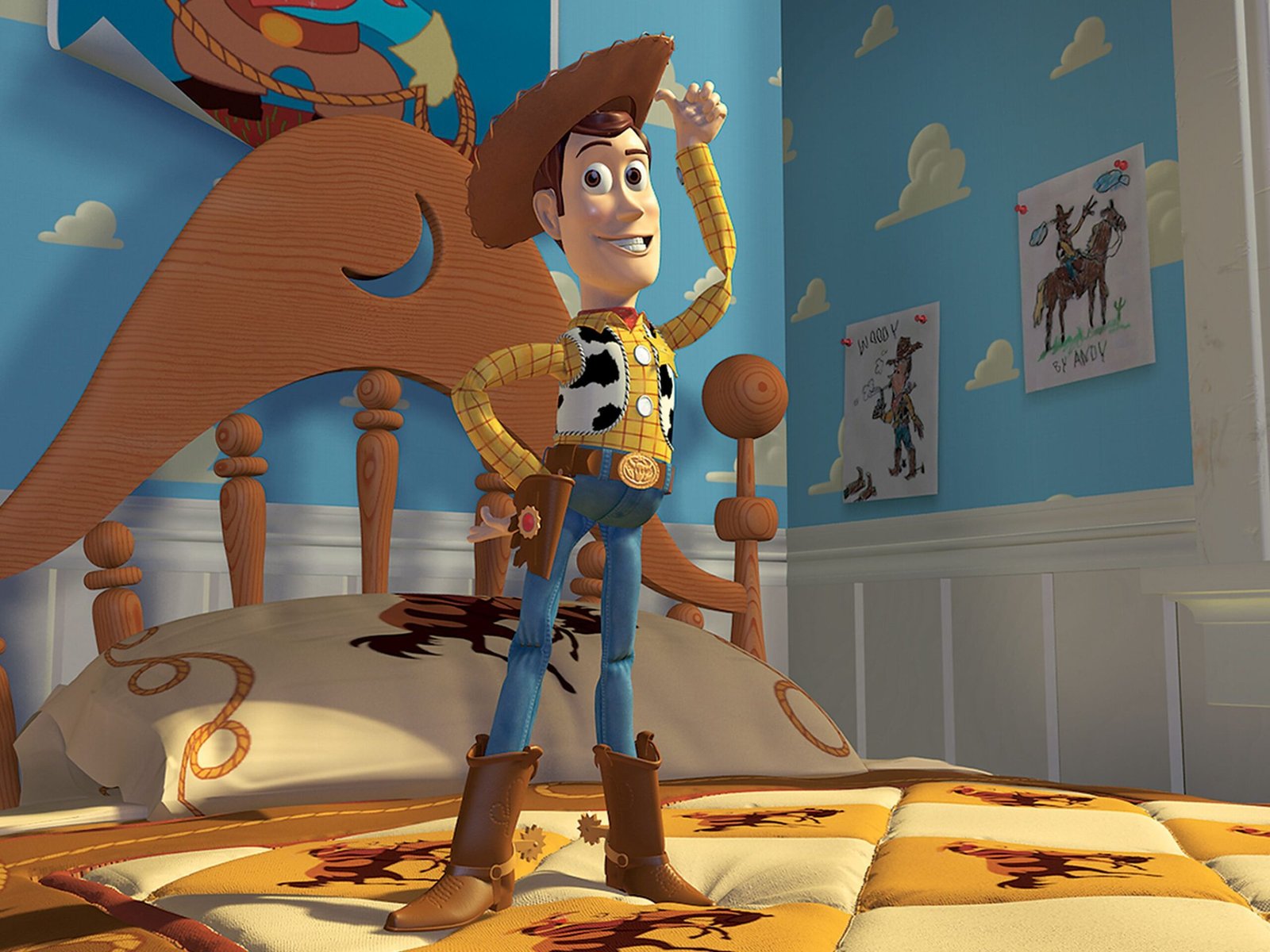 Un cow-boy animé, qui rappelle l'impact de Toy Story sur l'industrie de l'animation, est posé sur le lit d'une chambre d'enfant au thème western, avec des dessins de chevaux et une tête de lit en bois en forme de cheval.