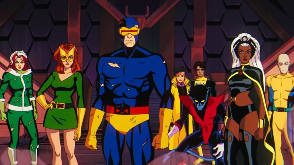 Un groupe de super-héros animés aux costumes colorés se tient ensemble devant un fond métallique futuriste, évoquant l'univers dynamique de X-men 97 sur Disney+.