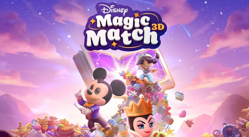 Image promotionnelle pour "Disney Magic Match 3D", un jeu de puzzle situé dans l'univers Disney, mettant en scène Mickey Mouse, une reine, et la princesse Jasmine entourés d'objets magiques et d'un livre ouvert lumineux.
