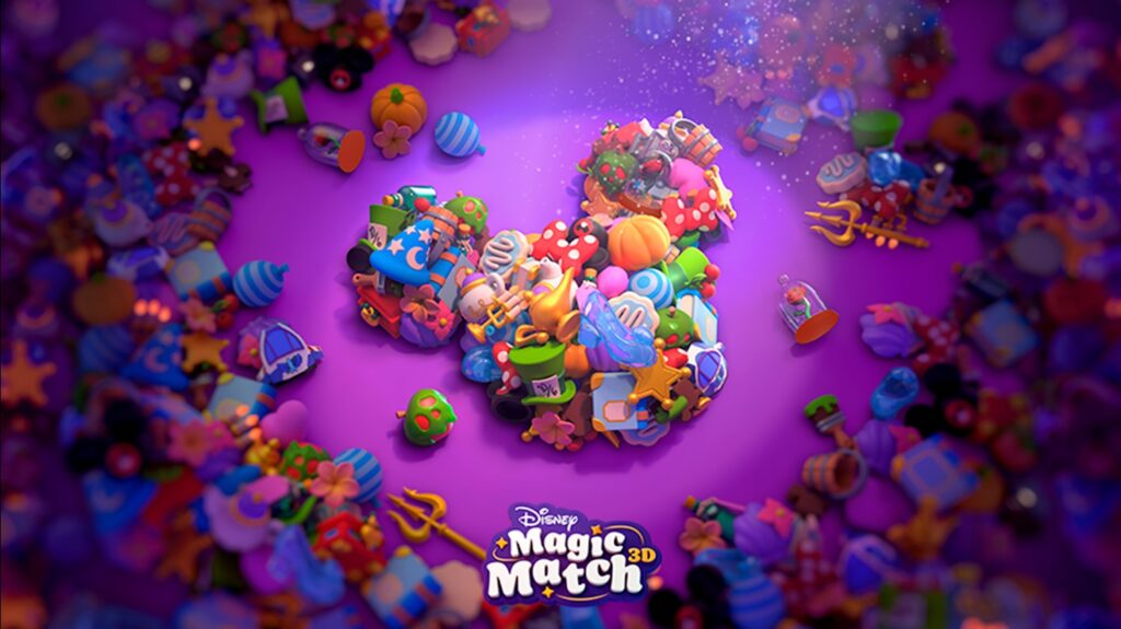 Une collection d'objets colorés de dessins animés forme une silhouette de Mickey Mouse sur un fond violet, capturant l'esprit ludique de Disney Pixar et l'excitation d'un jeu de puzzle. Le logo Disney Magic Match 3D se trouve en bas.