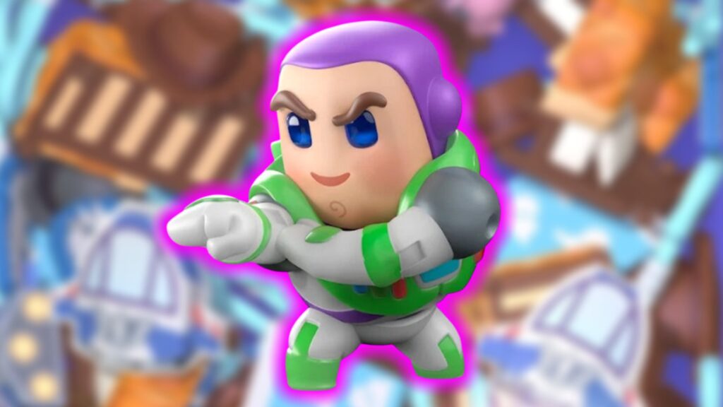 Un personnage de dessin animé vêtu d'une combinaison spatiale verte et violette se tient debout, sur un fond flou et coloré, comme s'il était prêt à entrer dans l'univers Disney du jeu de puzzle Disney Magic Match 3D.