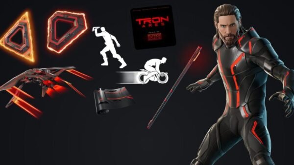 Un personnage numérique vêtu d'un costume futuriste noir et rouge se tient près de divers équipements de science-fiction, d'icônes et d'un véhicule, le tout sur fond d'orange néon et d'accents noirs, évoquant le style vibrant et high-tech de Tron ou de Fortnite.