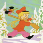 Un garçon de bande dessinée vêtu d'un manteau et d'un chapeau rouges porte un fusil sur l'épaule tout en marchant dans la neige, suivi par un pivert portant un chapeau haut de forme ; deux lapins blancs se trouvent au premier plan - une scène tirée de Pierre et le Loup, Sortie 14 Septembre 1955.