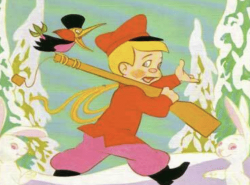 Un garçon de bande dessinée vêtu d'un manteau et d'un chapeau rouges porte un fusil sur l'épaule tout en marchant dans la neige, suivi par un pivert portant un chapeau haut de forme ; deux lapins blancs se trouvent au premier plan - une scène tirée de Pierre et le Loup, Sortie 14 Septembre 1955.