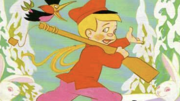 Un garçon de bande dessinée vêtu d'un manteau et d'un chapeau rouges porte un fusil sur l'épaule tout en marchant dans la neige, suivi par un pivert portant un chapeau haut de forme ; deux lapins blancs se trouvent au premier plan - une scène tirée de Pierre et le Loup, Sortie 14 Septembre 1955.