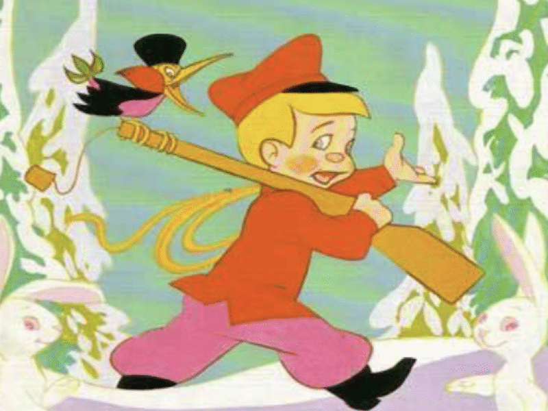 Un garçon de bande dessinée vêtu d'un manteau et d'un chapeau rouges porte un fusil sur l'épaule tout en marchant dans la neige, suivi par un pivert portant un chapeau haut de forme ; deux lapins blancs se trouvent au premier plan - une scène tirée de Pierre et le Loup, Sortie 14 Septembre 1955.