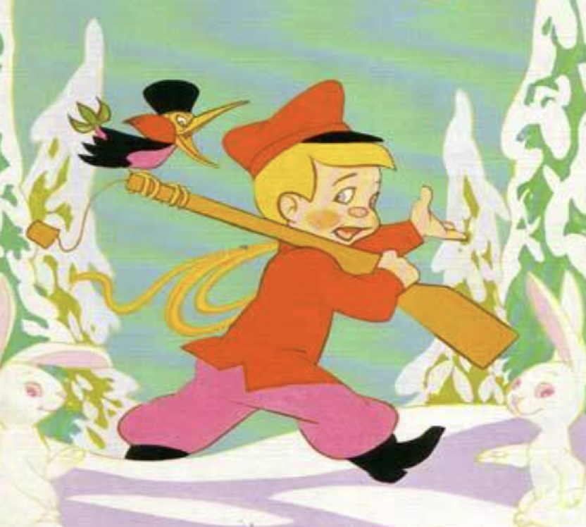 Un garçon de bande dessinée vêtu d'un manteau et d'un chapeau rouges porte un fusil sur l'épaule tout en marchant dans la neige, suivi par un pivert portant un chapeau haut de forme ; deux lapins blancs se trouvent au premier plan - une scène tirée de Pierre et le Loup, Sortie 14 Septembre 1955.