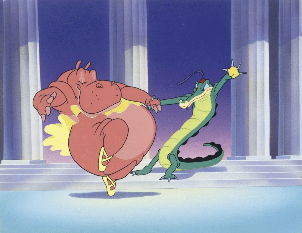 Un hippopotame en tutu jaune et un alligator vert dansent ensemble devant de grandes colonnes de marbre, rappelant une scène fantaisiste de Pierre et le Loup.