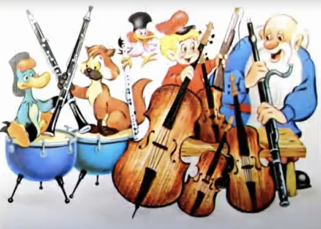 Des personnages de dessins animés jouent de divers instruments de musique avec des expressions joyeuses, faisant revivre l'esprit de Pierre et le Loup, tel qu'il a captivé le public lors de sa sortie, le 14 septembre 1955.