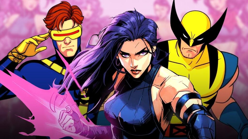 Cyclope, Psylocke et Wolverine se tiennent ensemble dans des poses dynamiques sur un fond violet. Psylocke est au centre, projetant une lame psychique lumineuse, capturant l'énergie palpitante de X-men '97 sur Disney+ avant la Saison 3.