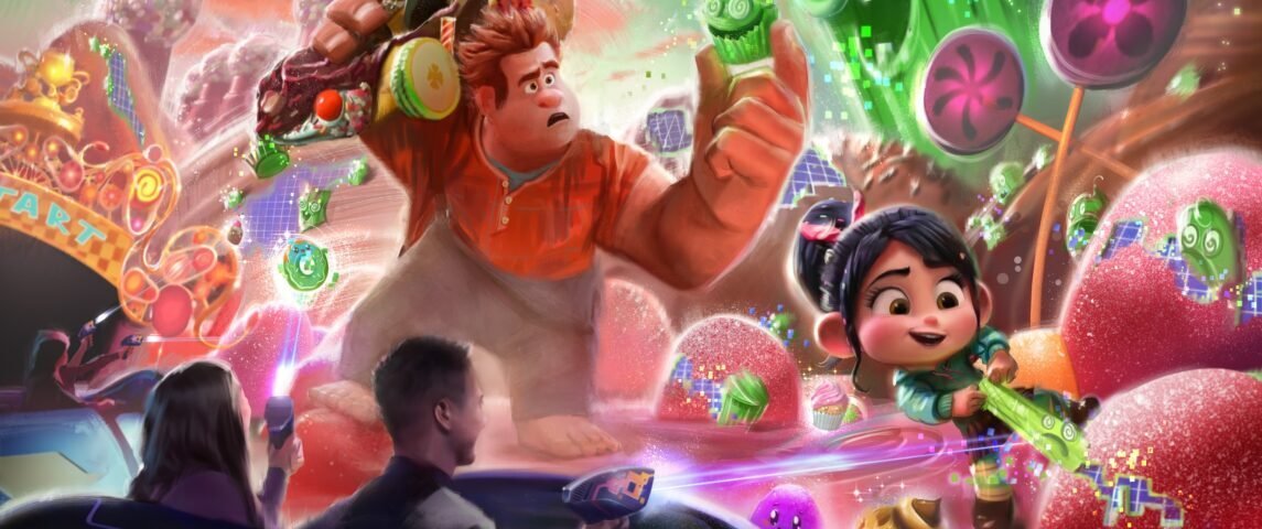 L'illustration conceptuelle d'un jeu d'arcade sur le thème de Wreck-It Ralph, inspiré par Buzz Lightyear's Astro Blasters à Tokyo Disneyland, met en scène Ralph et Vanellope dans un environnement sur le thème des bonbons, tirant sur des cibles à partir d'un véhicule de transport.