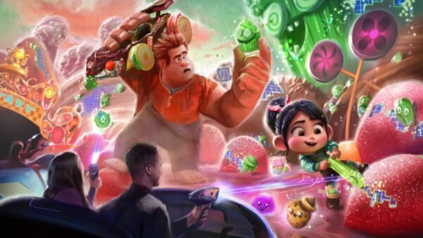 L'illustration conceptuelle d'un jeu d'arcade sur le thème de Wreck-It Ralph, inspiré par Buzz Lightyear's Astro Blasters à Tokyo Disneyland, met en scène Ralph et Vanellope dans un environnement sur le thème des bonbons, tirant sur des cibles à partir d'un véhicule de transport.