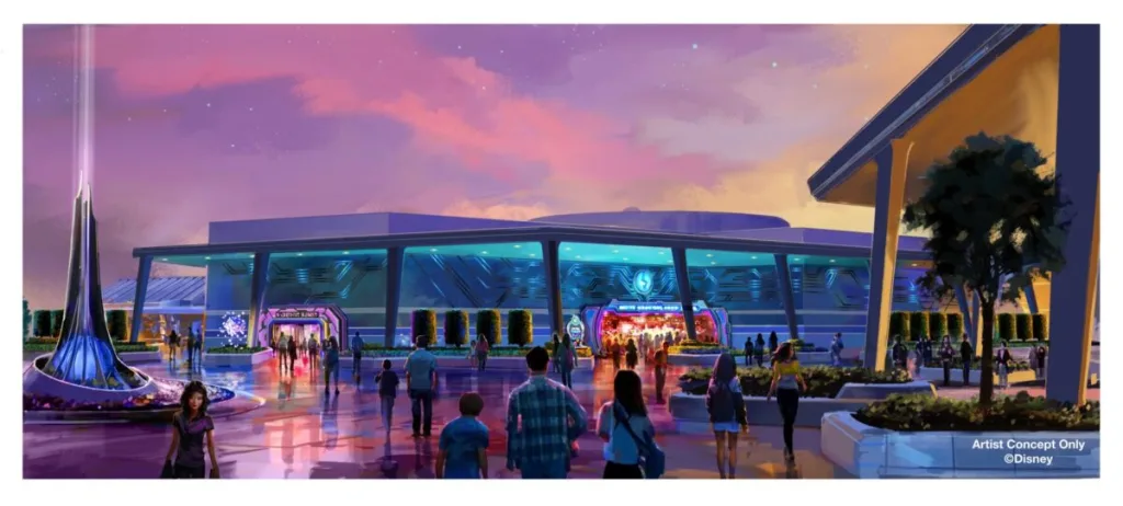 L'illustration conceptuelle montre des personnes marchant vers un bâtiment futuriste et très éclairé au coucher du soleil, avec des éléments architecturaux modernes et une atmosphère vibrante inspirée du Buzz Lightyear's Astro Blasters de Tokyo Disneyland.