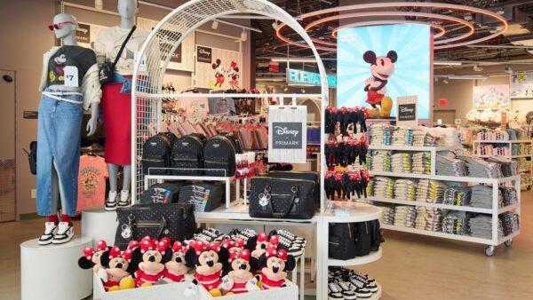 Magasin de détail Primark sur le thème de Disney, présentant des peluches Minnie Mouse, des sacs à dos, des t-shirts pliés, des chaussures et des mannequins vêtus de vêtements Disney, le tout dans un cadre abordable. Grande image de Mickey Mouse en arrière-plan.