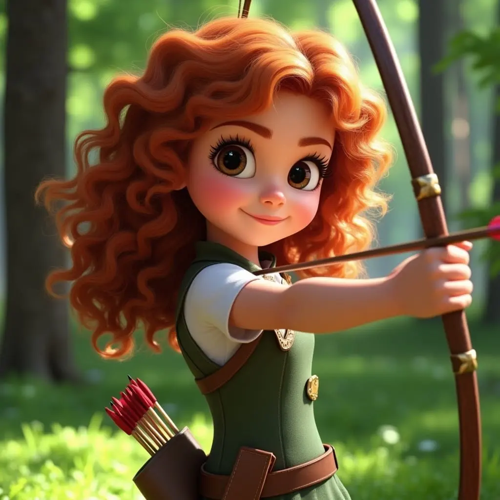 Une jeune fille aux cheveux roux bouclés vise un arc et des flèches dans une forêt ensoleillée, vêtue d'une tenue verte avec un carquois de flèches à la ceinture. Parfait pour les fans à la recherche d'aventures Disney+ et de contenus générés par les utilisateurs.