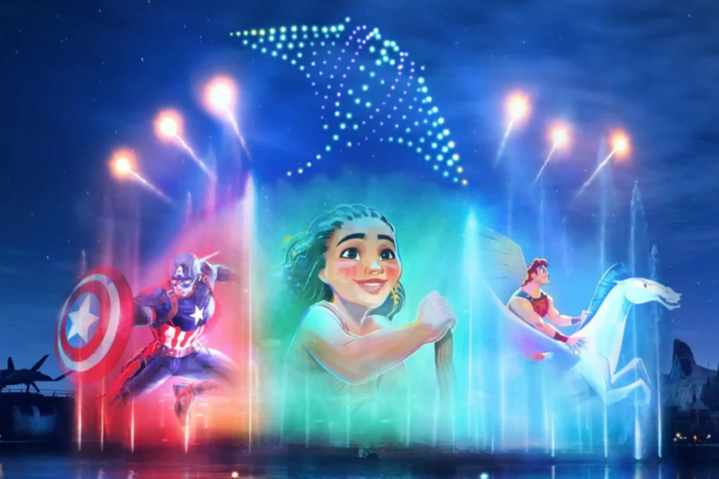 Disney Cascade Of Lights : Nouveau Spectacle Nocturne À 360° Avec Drones Et Fontaines Sur Le Lac Adventure Bay Dès Mars 2026 À Disneyland Paris