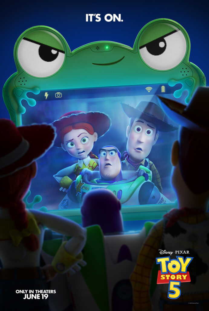 L'affiche de "Toy Story 5" de Pixar montre Woody, Buzz Lightyear et Jessie fixant un écran en forme de grenouille, avec la date de sortie du 19 juin en bas - un must pour tout fan qui attend la prochaine bande-annonce.