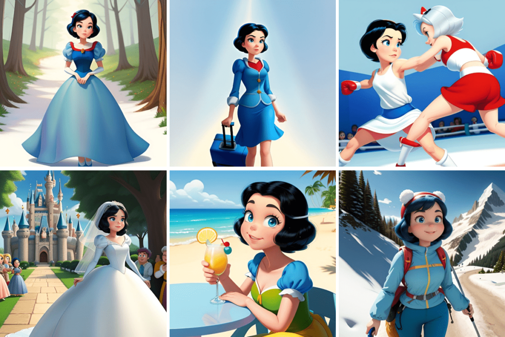 Une femme aux cheveux noirs courts explore différents décors - forêt, tenue de travail, match de boxe, château, plage avec un verre, randonnée dans des montagnes enneigées - offrant une expérience immersive inspirée des contenus IA et Disney+ générés par les utilisateurs.