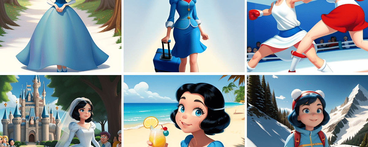 Une femme aux cheveux noirs courts explore différents décors - forêt, tenue de travail, match de boxe, château, plage avec un verre, randonnée dans des montagnes enneigées - offrant une expérience immersive inspirée des contenus IA et Disney+ générés par les utilisateurs.