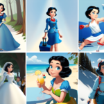 Une femme aux cheveux noirs courts explore différents décors - forêt, tenue de travail, match de boxe, château, plage avec un verre, randonnée dans des montagnes enneigées - offrant une expérience immersive inspirée des contenus IA et Disney+ générés par les utilisateurs.