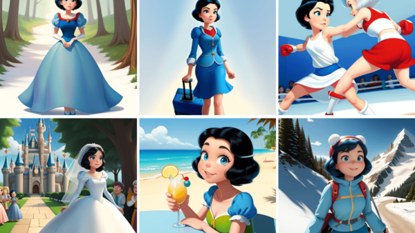 Une femme aux cheveux noirs courts explore différents décors - forêt, tenue de travail, match de boxe, château, plage avec un verre, randonnée dans des montagnes enneigées - offrant une expérience immersive inspirée des contenus IA et Disney+ générés par les utilisateurs.