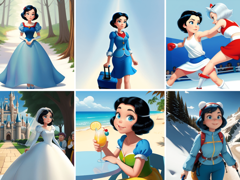 Une femme aux cheveux noirs courts explore différents décors - forêt, tenue de travail, match de boxe, château, plage avec un verre, randonnée dans des montagnes enneigées - offrant une expérience immersive inspirée des contenus IA et Disney+ générés par les utilisateurs.