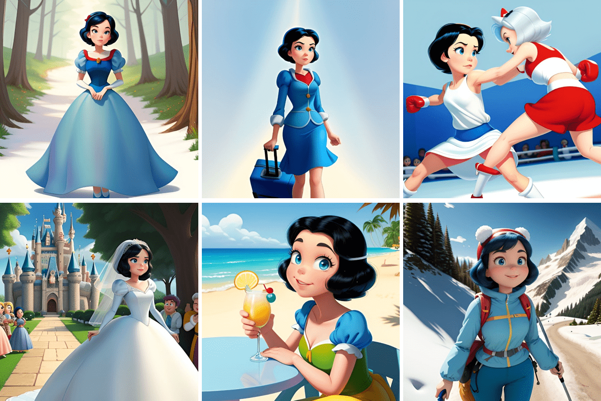 Une femme aux cheveux noirs courts explore différents décors - forêt, tenue de travail, match de boxe, château, plage avec un verre, randonnée dans des montagnes enneigées - offrant une expérience immersive inspirée des contenus IA et Disney+ générés par les utilisateurs.