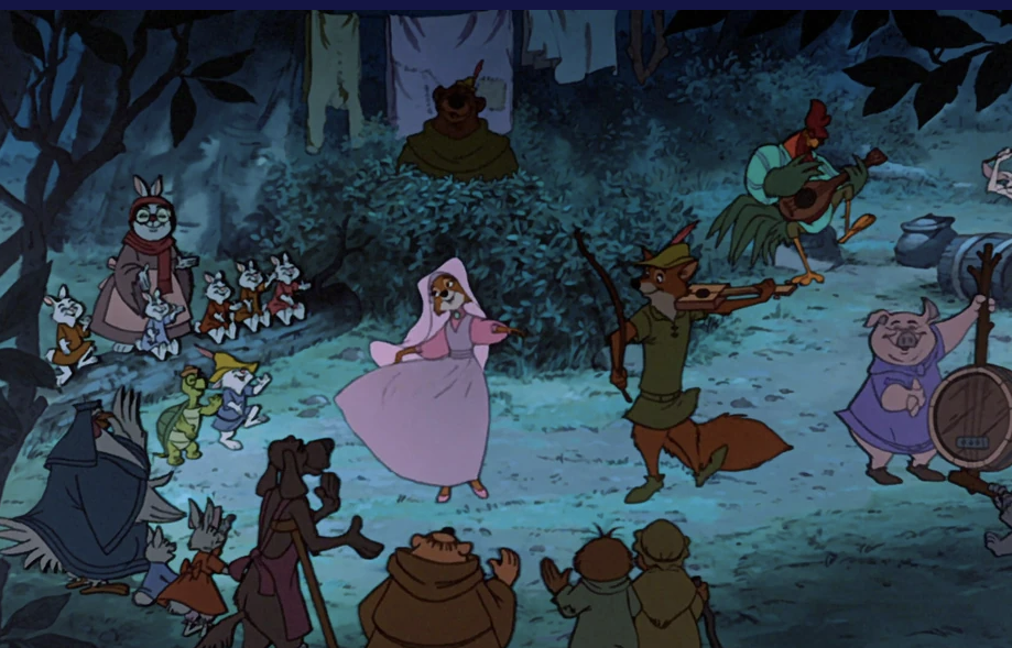 Des animaux des bois animés se rassemblent la nuit ; au centre, un renard en vert et une dame en rose dansent, fêtant comme s'il s'agissait de la première de Robin des Bois le 8 novembre 1973, tandis que d'autres jouent des instruments et applaudissent à l'arrière-plan.