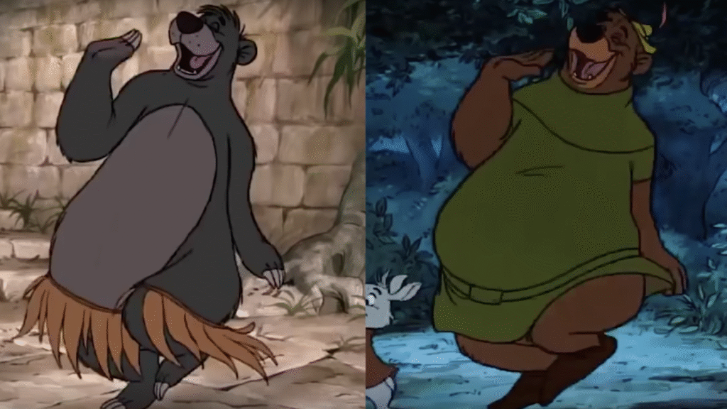 Images côte à côte d'ours animés de deux films différents, tous deux portant des jupes et dansant avec un bras levé, dont Robin des Bois, dont la première a eu lieu le 8 novembre 1973.