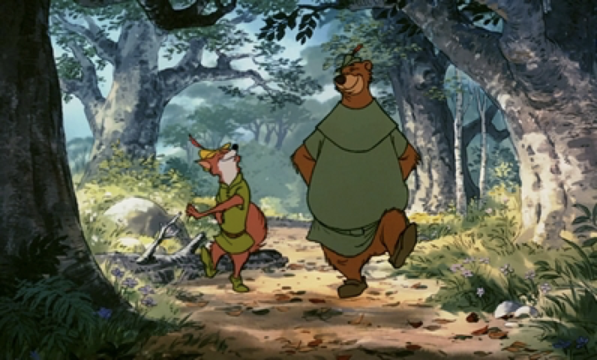 Un renard et un ours animés en habits médiévaux marchent joyeusement sur un sentier forestier, entourés d'arbres et de verdure, tiré de "Robin des Bois", dont la première a eu lieu le 8 novembre 1973.