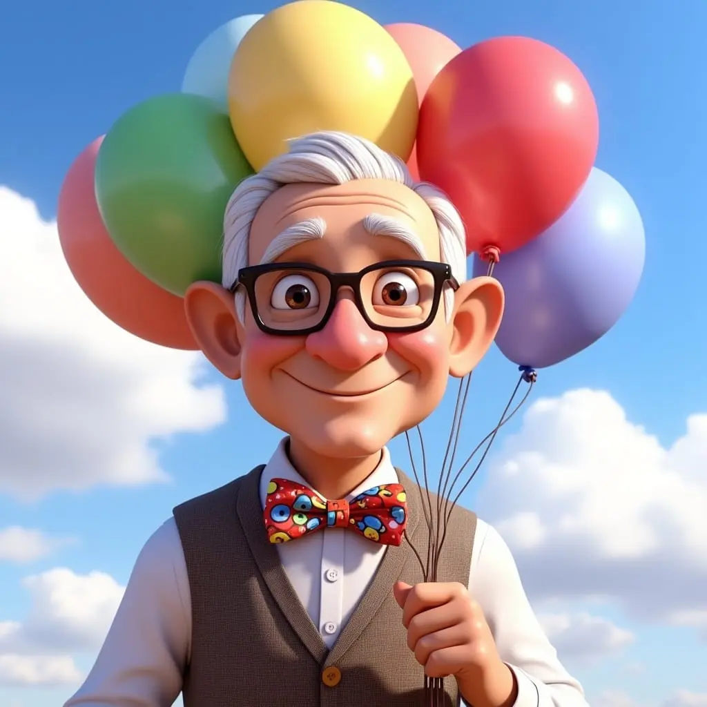 Un homme âgé avec des lunettes et un nœud papillon coloré tient un bouquet de ballons dans un ciel bleu, capturant l'émerveillement d'une expérience immersive digne des contenus générés par les utilisateurs sur Disney+.