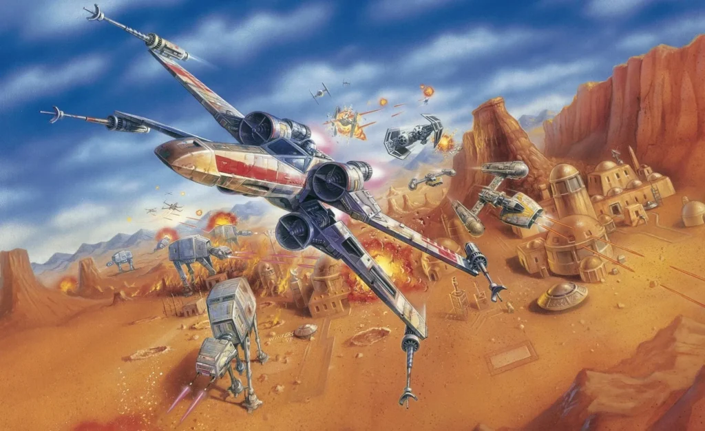 Un vaisseau spatial futuriste survole une ville désertique tandis que des robots et d'autres véhicules se battent en contrebas, évoquant des scènes palpitantes de la franchise Star Wars Rogue Squadron.