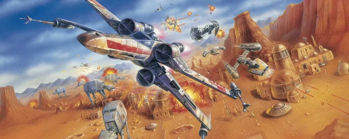Un vaisseau spatial futuriste survole une ville désertique tandis que des robots et d'autres véhicules se battent en contrebas, évoquant des scènes palpitantes de la franchise Star Wars Rogue Squadron.
