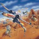 Un vaisseau spatial futuriste survole une ville désertique tandis que des robots et d'autres véhicules se battent en contrebas, évoquant des scènes palpitantes de la franchise Star Wars Rogue Squadron.