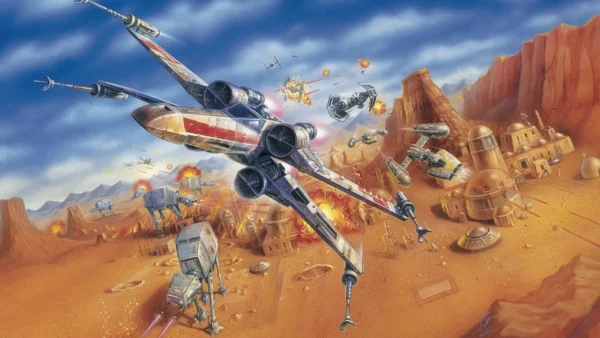Un vaisseau spatial futuriste survole une ville désertique tandis que des robots et d'autres véhicules se battent en contrebas, évoquant des scènes palpitantes de la franchise Star Wars Rogue Squadron.