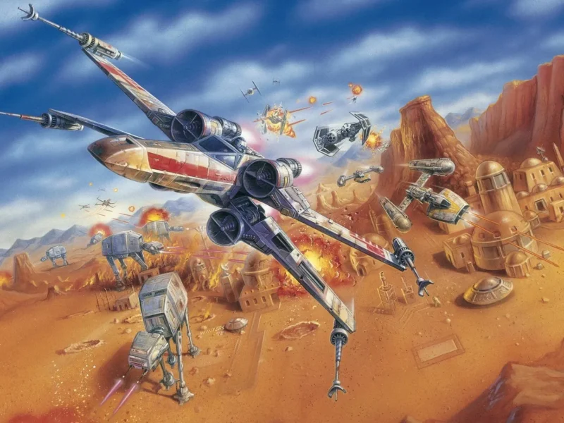 Un vaisseau spatial futuriste survole une ville désertique tandis que des robots et d'autres véhicules se battent en contrebas, évoquant des scènes palpitantes de la franchise Star Wars Rogue Squadron.