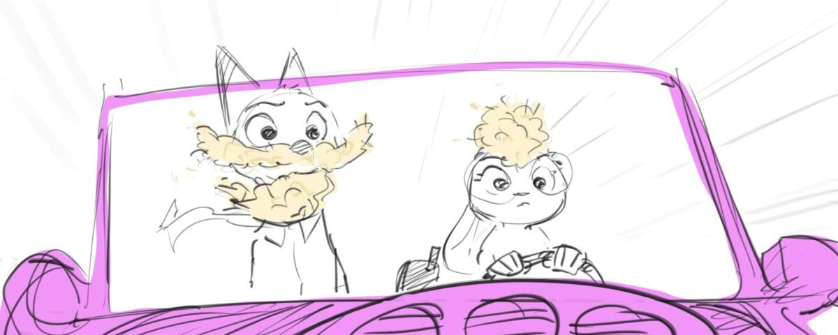 Deux animaux de dessins animés sont assis dans une voiture rose ; inspirés par Zootopie 2 de Disney Animation, le passager a du pop-corn sur le visage, tandis que le conducteur, qui regarde vers l'avant, a du pop-corn sur la tête.