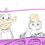 Deux animaux de dessins animés sont assis dans une voiture rose ; inspirés par Zootopie 2 de Disney Animation, le passager a du pop-corn sur le visage, tandis que le conducteur, qui regarde vers l'avant, a du pop-corn sur la tête.