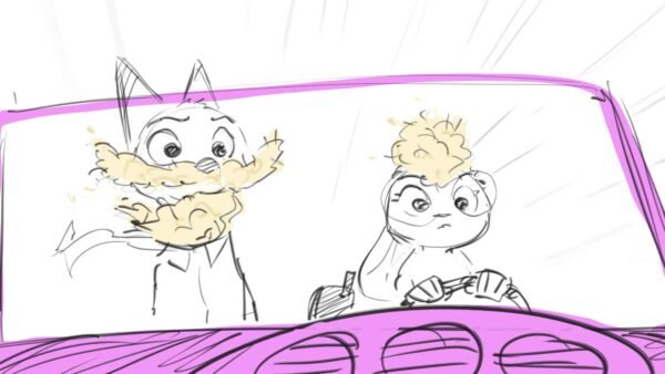Deux animaux de dessins animés sont assis dans une voiture rose ; inspirés par Zootopie 2 de Disney Animation, le passager a du pop-corn sur le visage, tandis que le conducteur, qui regarde vers l'avant, a du pop-corn sur la tête.